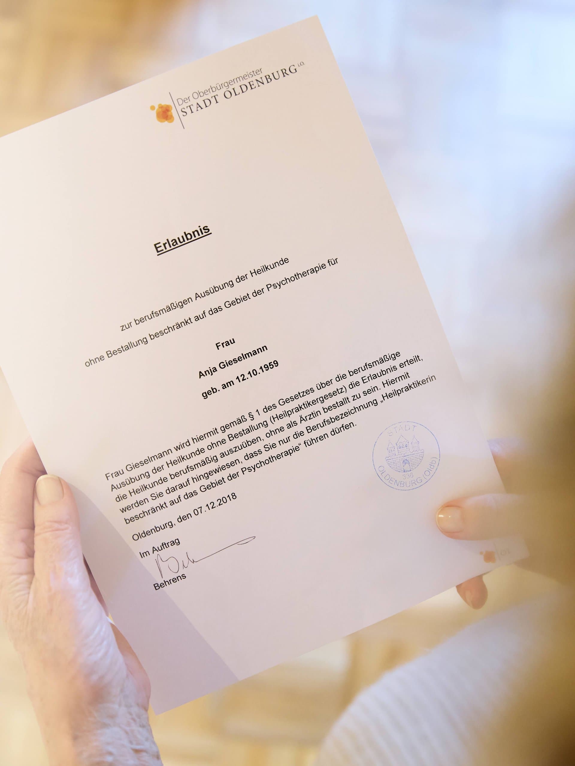 Erlaubnis zur berufsmäßigen Ausübung der Heilkunde beschränkt auf das Gebiet der Psychotherapie